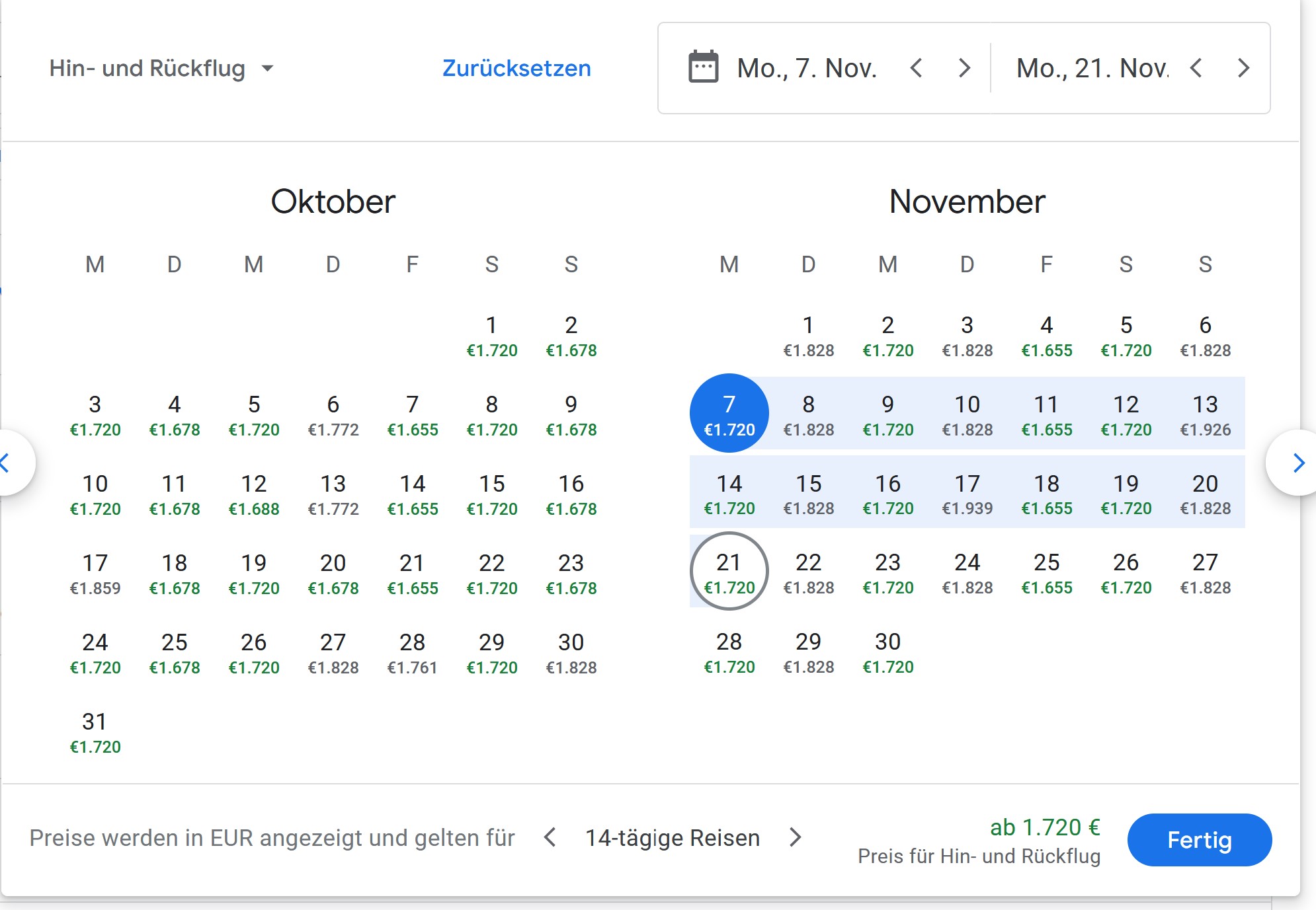 Google Flights Kalender mit Reisezeitraum später im Jahr