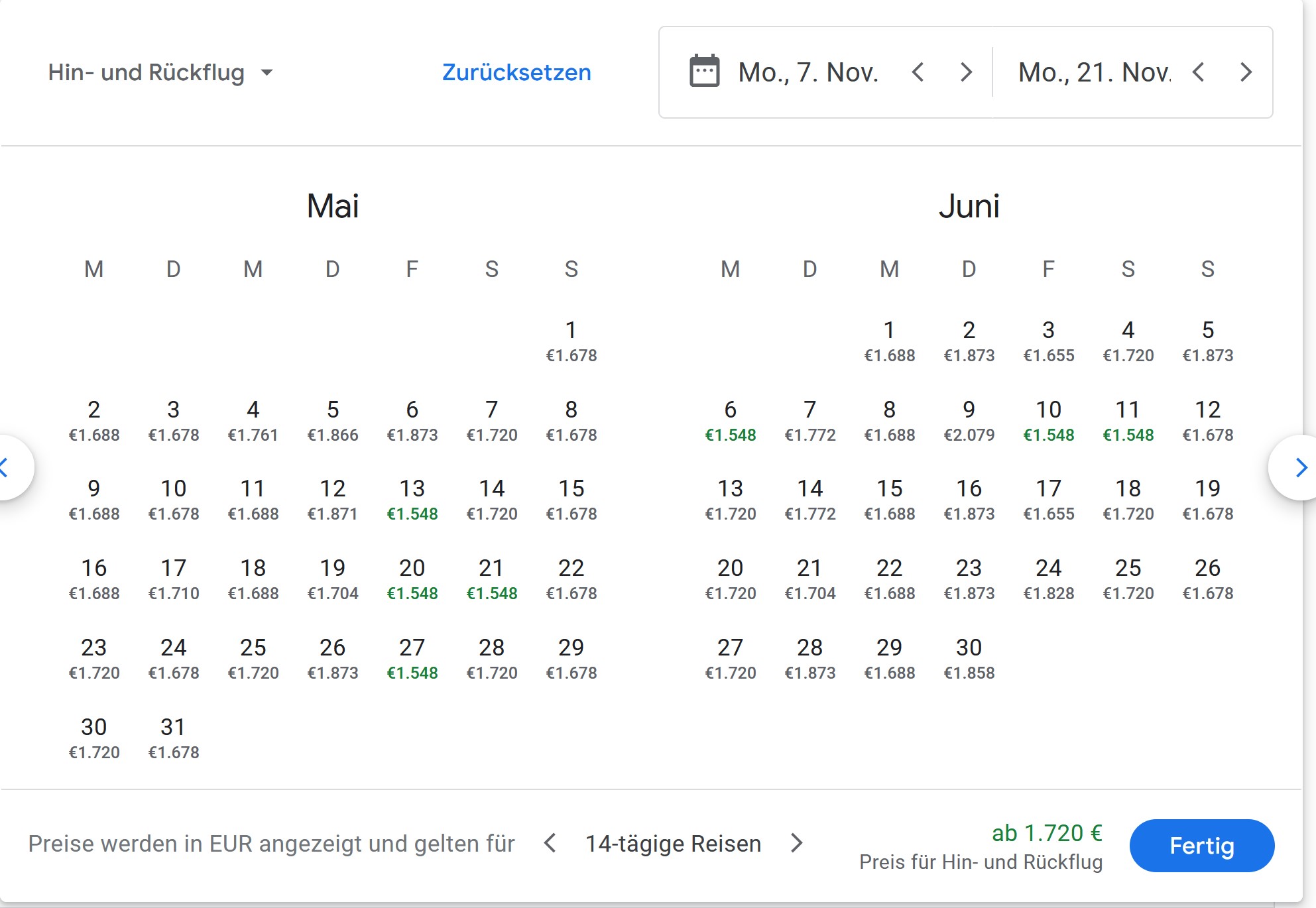 Google Flights Kalender mit Reisezeitraum
