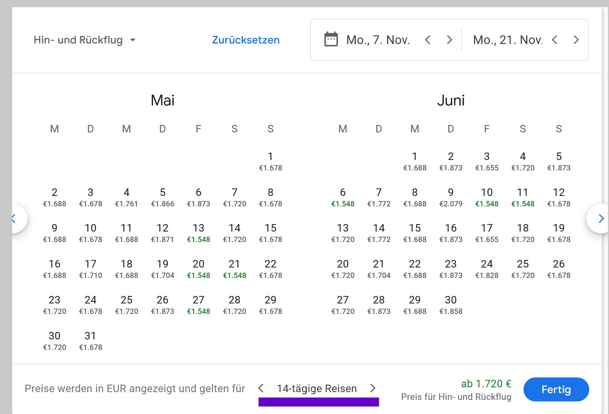 Google Flights Kalender mit Reisezeitraummarkierung