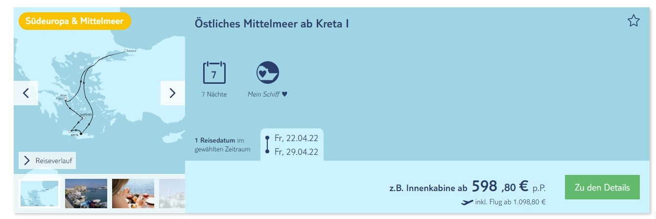 Screenshot TUI Mein Schiff-Singlepreise Östliches Mittelmeer ab Kreta