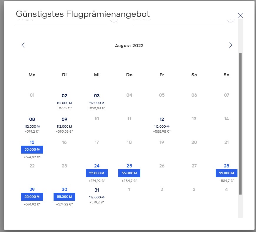 Screenshot günstigstes Flugprämienangebot Kalender Miles and More