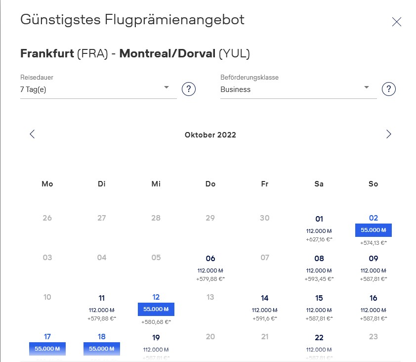 Screenshot Flugprämie Meilenschnäppchen Juni für Herbst - Kalender