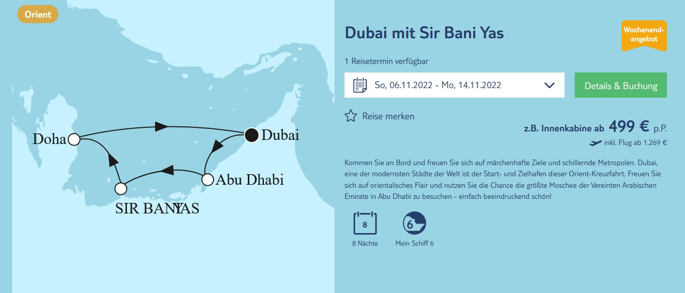 Screenshot TUI Cruises Dubai mit Sir Bani Yas