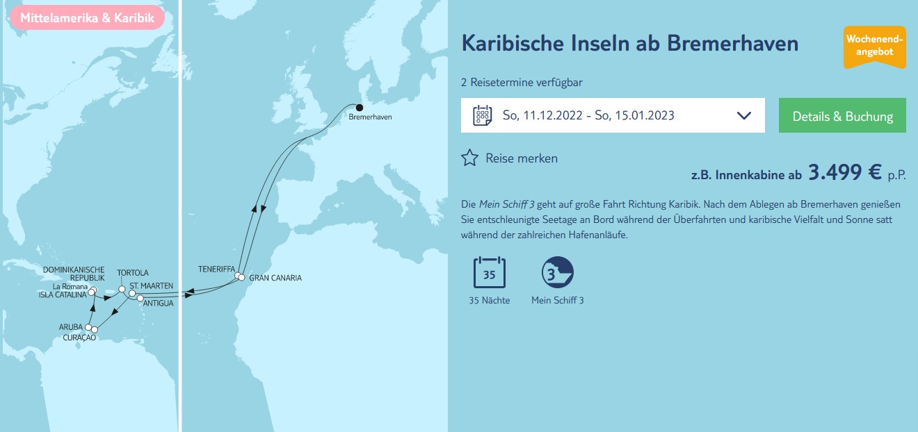 Screenshot TUI Cruises Karibische Inseln ab Bremerhaven