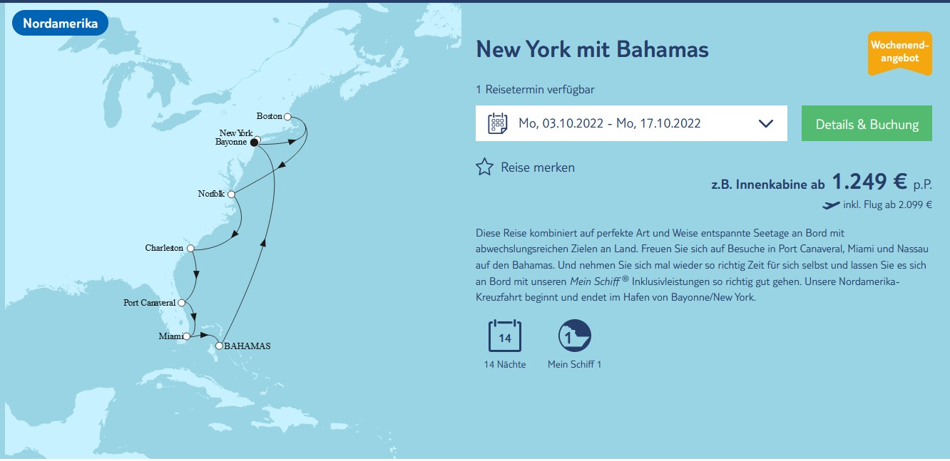 Screenshot TUI Cruises New York mit Bahamas