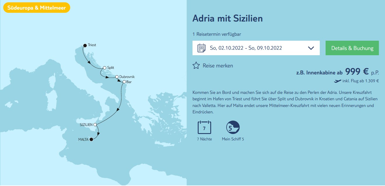 Screenshot TUI Cruises Adria mit Sizilien