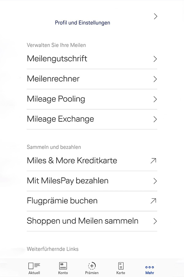 Miles and More -Mileage Pooling in der App