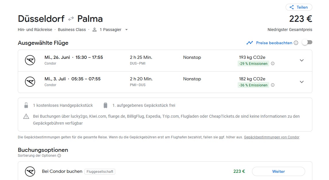 Screenshot Google Flights Condor Flugpreis Hin und Rück